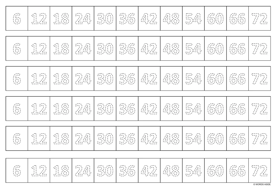 Black-and-white multiplication tracing sheet: six identical strips of multiples of 6, from 6 through 72.