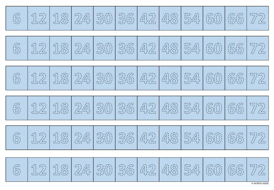 Blue multiplication facts tracing sheet: six identical writing strips showing multiples of 6, from 6 through 72.