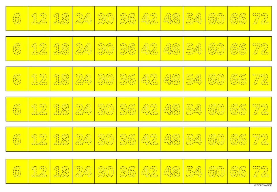 Yellow multiplication facts tracing sheet: six identical writing strips showing multiples of 6, from 6 through 72.