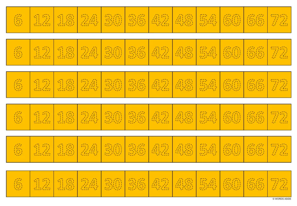 Orange multiplication facts tracing sheet: six identical writing strips showing multiples of 6, from 6 through 72.