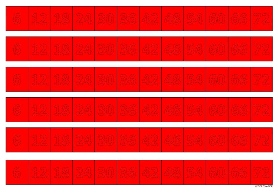 Red multiplication facts tracing sheet: six identical writing strips showing multiples of 6, from 6 through 72.