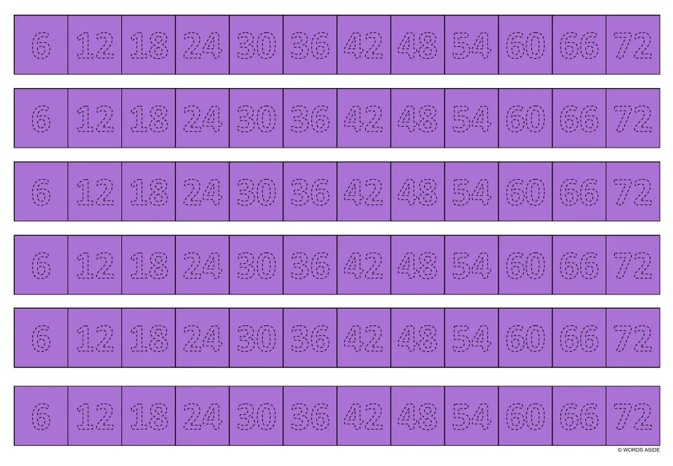Purple multiplication facts tracing sheet: six identical writing strips showing multiples of 6, from 6 through 72.