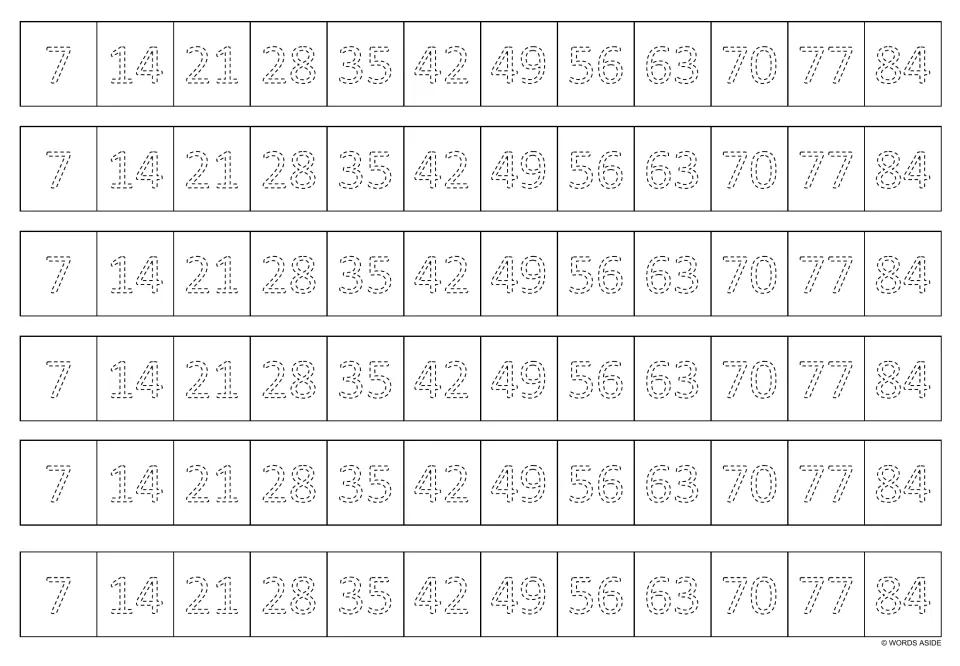 Black-and-white multiplication tracing strips: six copies of the multiples of 7 from 7 to 84 in dotted numerals