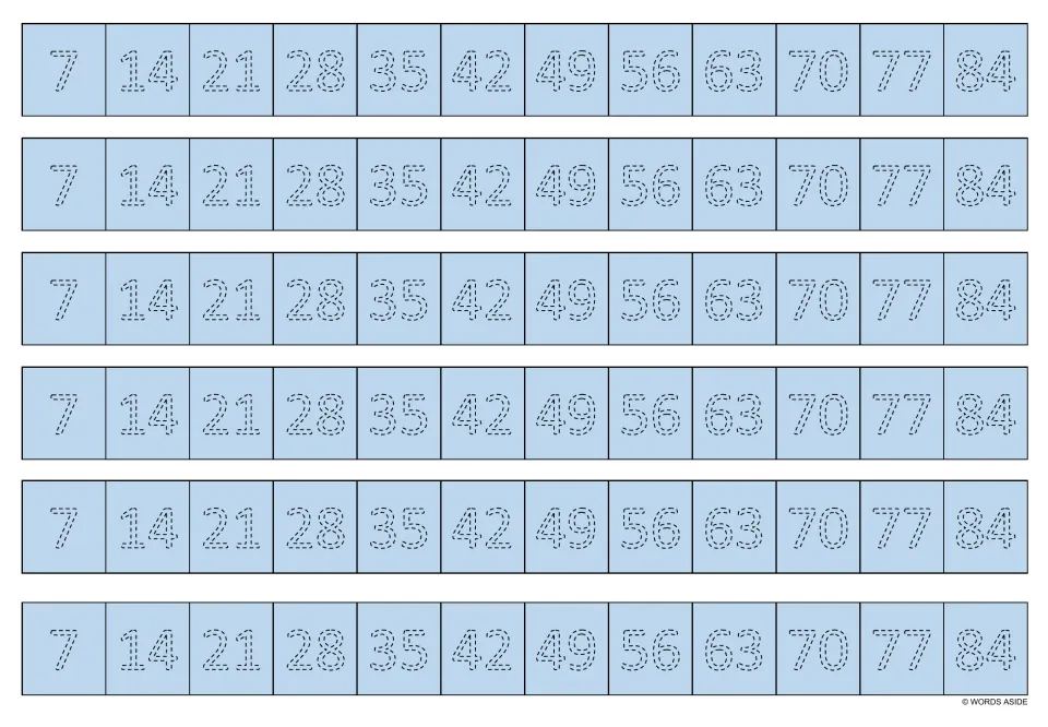 Light blue multiplication tracing strips: six copies of the multiples of 7 from 7 to 84 in dotted numerals