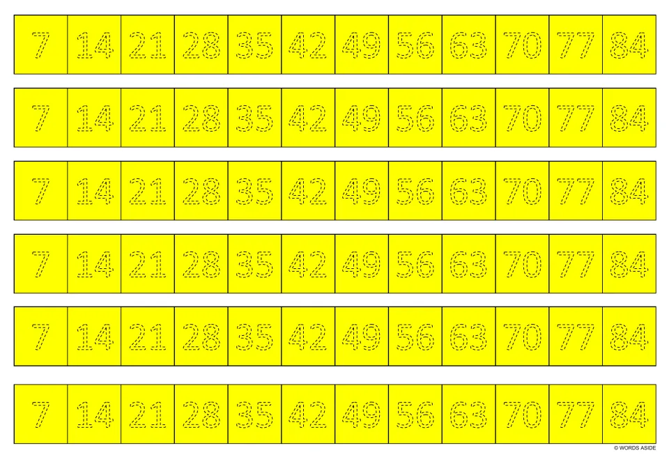 Yellow multiplication tracing strips: six copies of the multiples of 7 from 7 to 84 in dotted numerals
