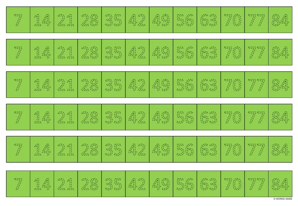 Green multiplication tracing strips: six copies of the multiples of 7 from 7 to 84 in dotted numerals