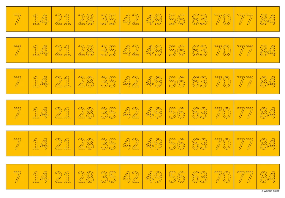 Orange multiplication tracing strips: six copies of the multiples of 7 from 7 to 84 in dotted numerals