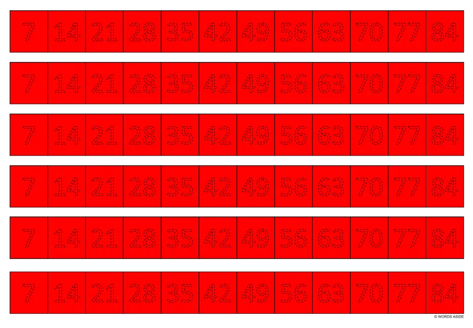 Red multiplication tracing strips: six copies of the multiples of 7 from 7 to 84 in dotted numerals
