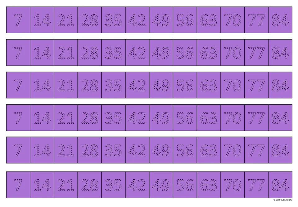Purple multiplication tracing strips: six copies of the multiples of 7 from 7 to 84 in dotted numerals