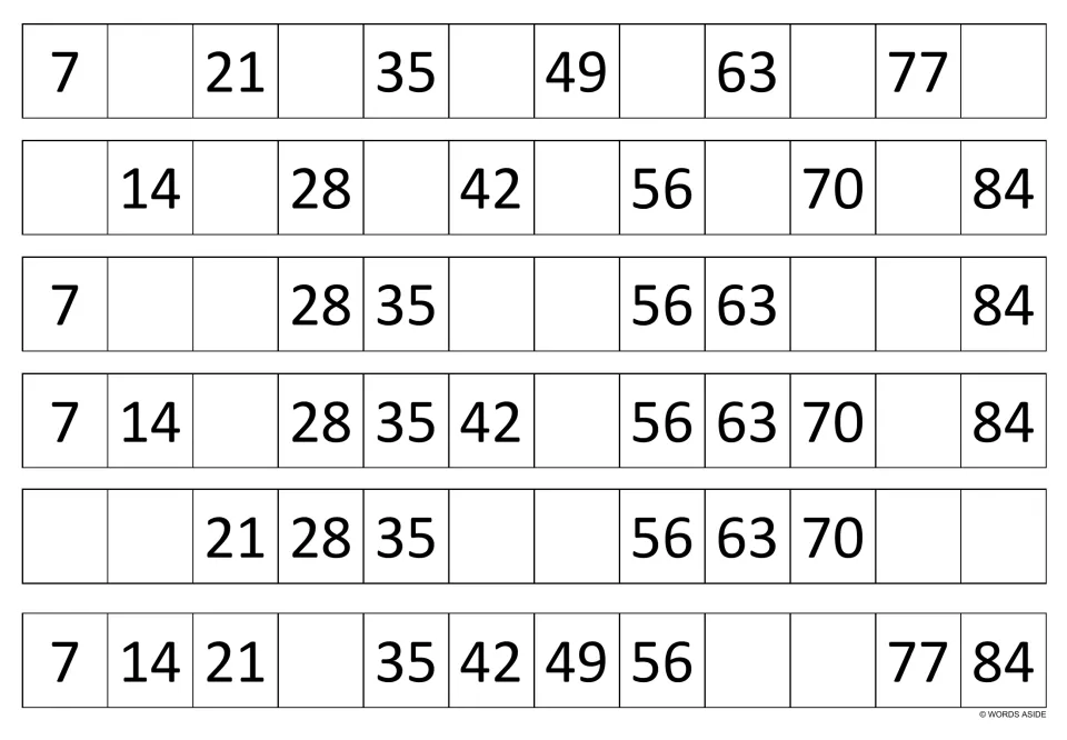 Skip counting by 7s to 84: students write the missing multiples in six white number strips, e.g. 14, 42 and 70 in the first