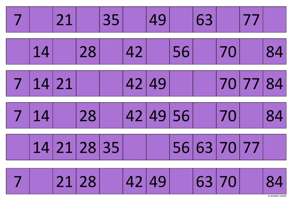 Purple counting-by-7 strips: students complete each sequence to 84; fifth strip needs 7, 42, 49 and 84 filled in