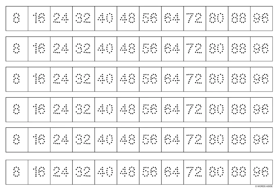 Black-and-white multiplication writing strips: six copies of dotted multiples of 8 from 8 through 96.