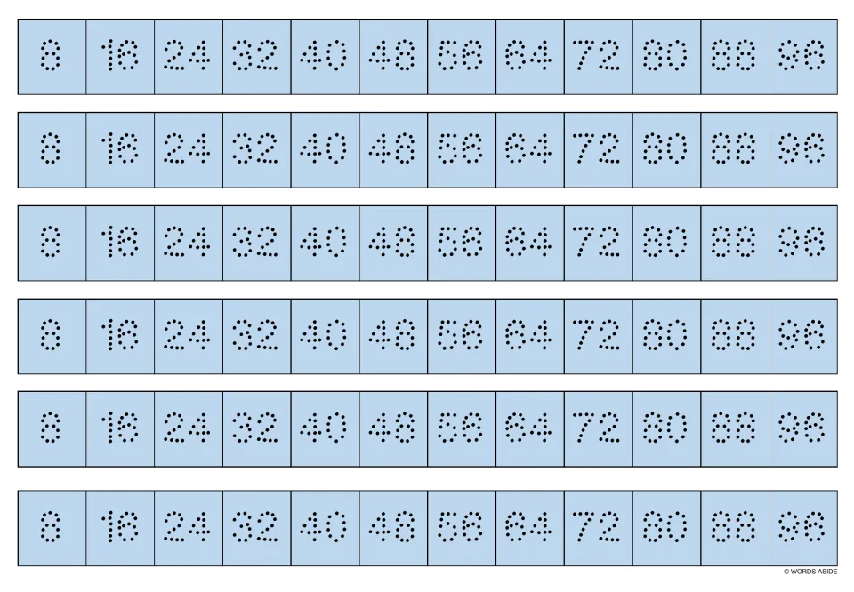 Blue multiplication writing strips: six copies of dotted numbers 8, 16, 24, 32 and more through 96.
