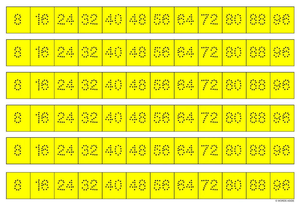 Yellow multiplication writing strips: six copies of dotted numbers 8, 16, 24, 32 and more through 96.