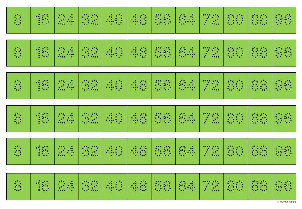 Green multiplication writing strips: six copies of dotted numbers 8, 16, 24, 32 and more through 96.