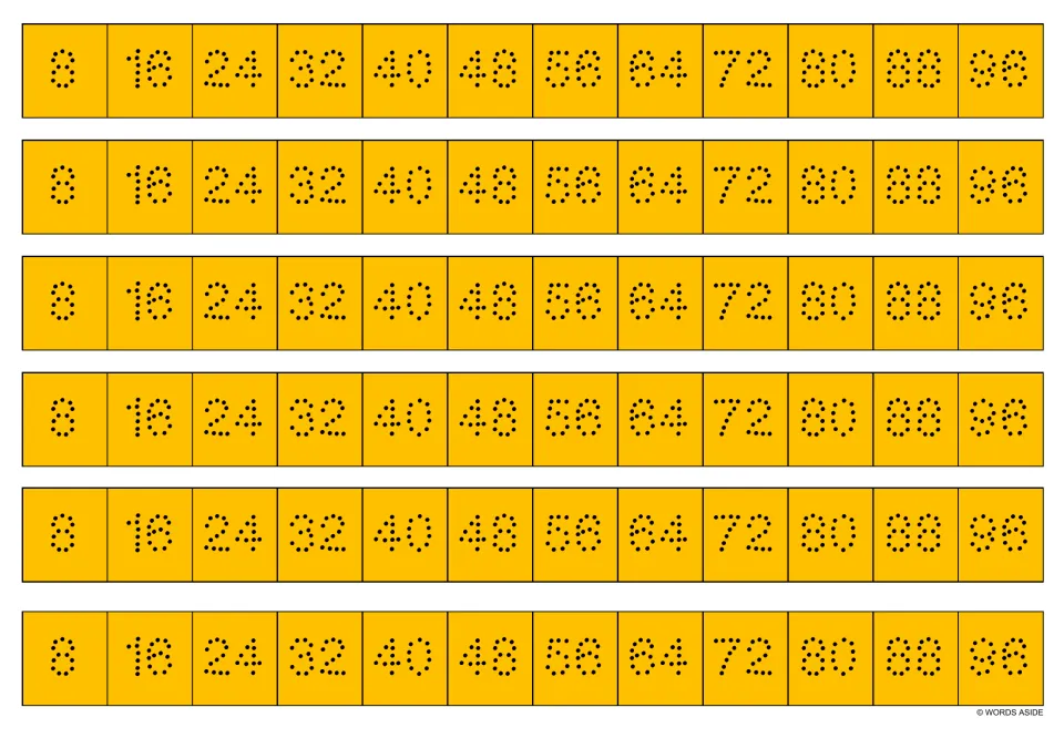 Orange multiplication writing strips: six copies of dotted numbers 8, 16, 24, 32 and more through 96.