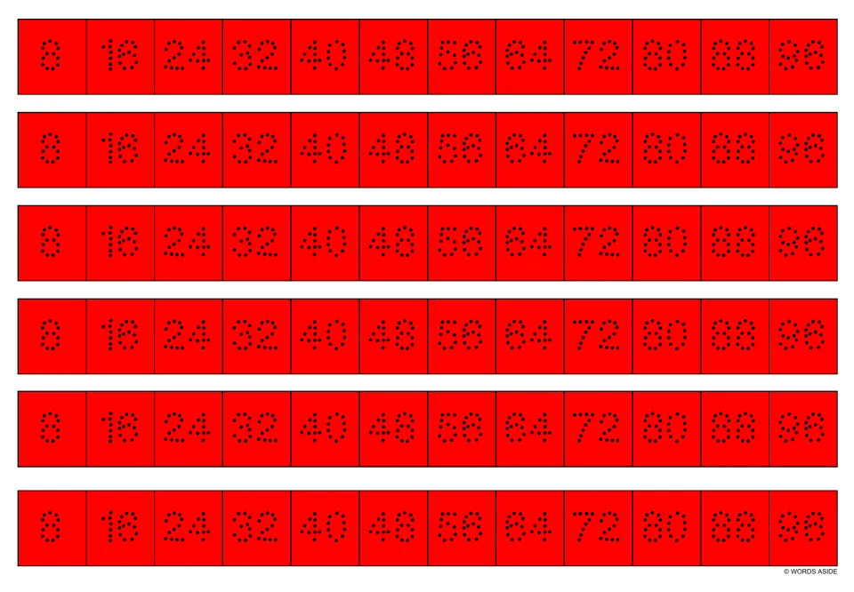 Red multiplication writing strips: six copies of dotted numbers 8, 16, 24, 32 and more through 96.