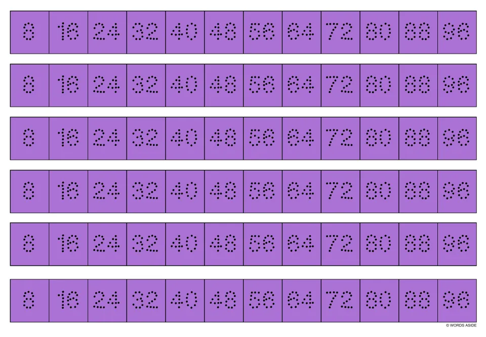 Purple multiplication writing strips: six copies of dotted numbers 8, 16, 24, 32 and more through 96.