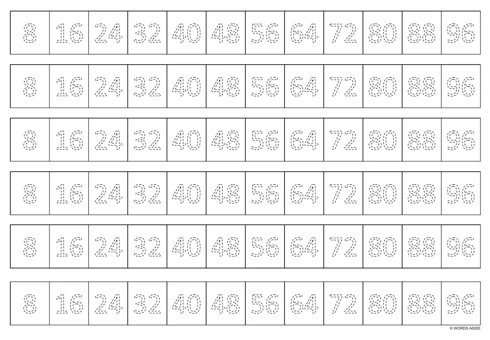 Black-and-white multiplication practice sheet: six tracing strips of multiples of 8, from 8 through 96.
