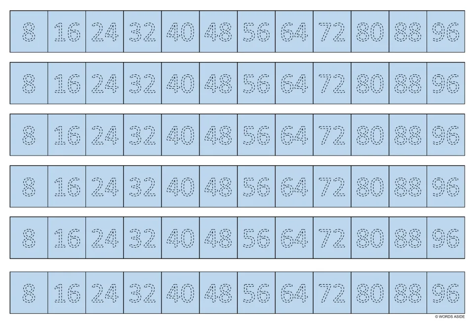 Light blue multiplication practice sheet: six repeated tracing strips of multiples of 8, from 8 through 96.