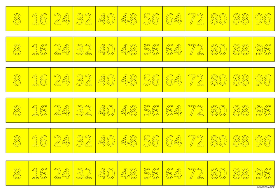 Yellow multiplication practice sheet: six repeated tracing strips of multiples of 8, from 8 through 96.