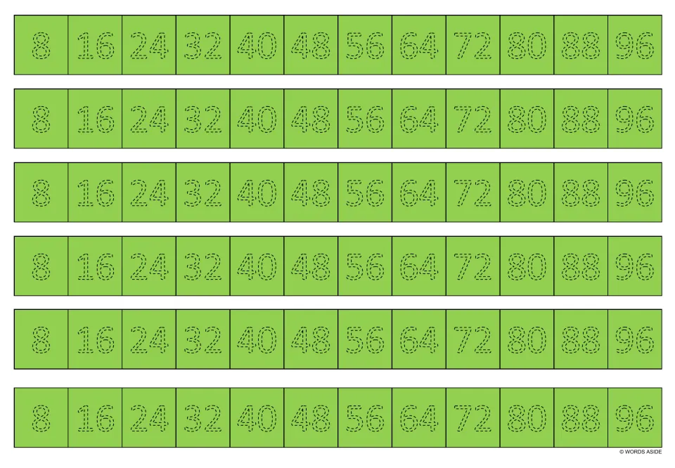 Green multiplication practice sheet: six repeated tracing strips of multiples of 8, from 8 through 96.