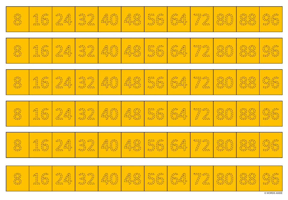 Orange multiplication practice sheet: six repeated tracing strips of multiples of 8, from 8 through 96.