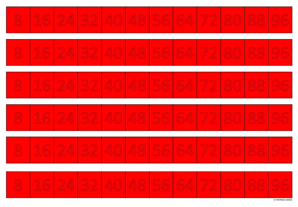 Red multiplication practice sheet: six repeated tracing strips of multiples of 8, from 8 through 96.