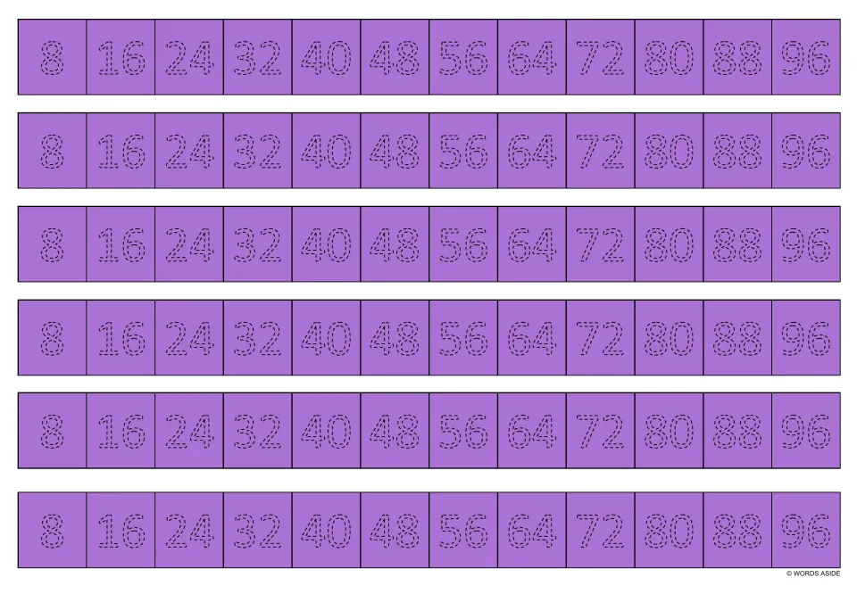 Purple multiplication practice sheet: six repeated tracing strips of multiples of 8, from 8 through 96.