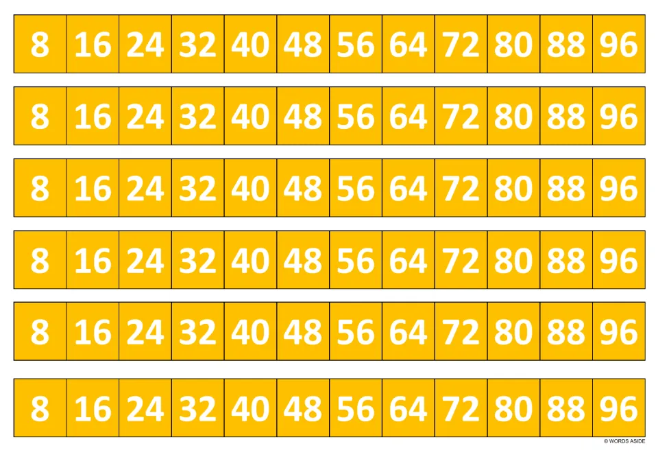 Counting by eights in orange: six strips with the sequence 8, 16, 24, 32, 40, 48, 56, 64, 72, 80, 88, 96 to recite and copy