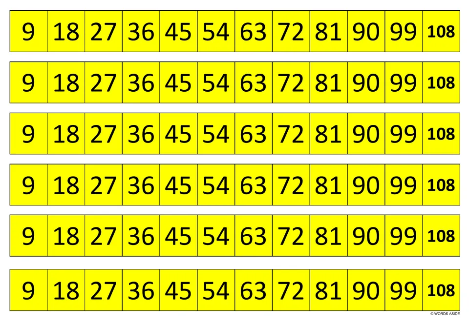 Yellow nines strips: each of six rows lists the 9 times table products in order, starting at 9 and ending at 108