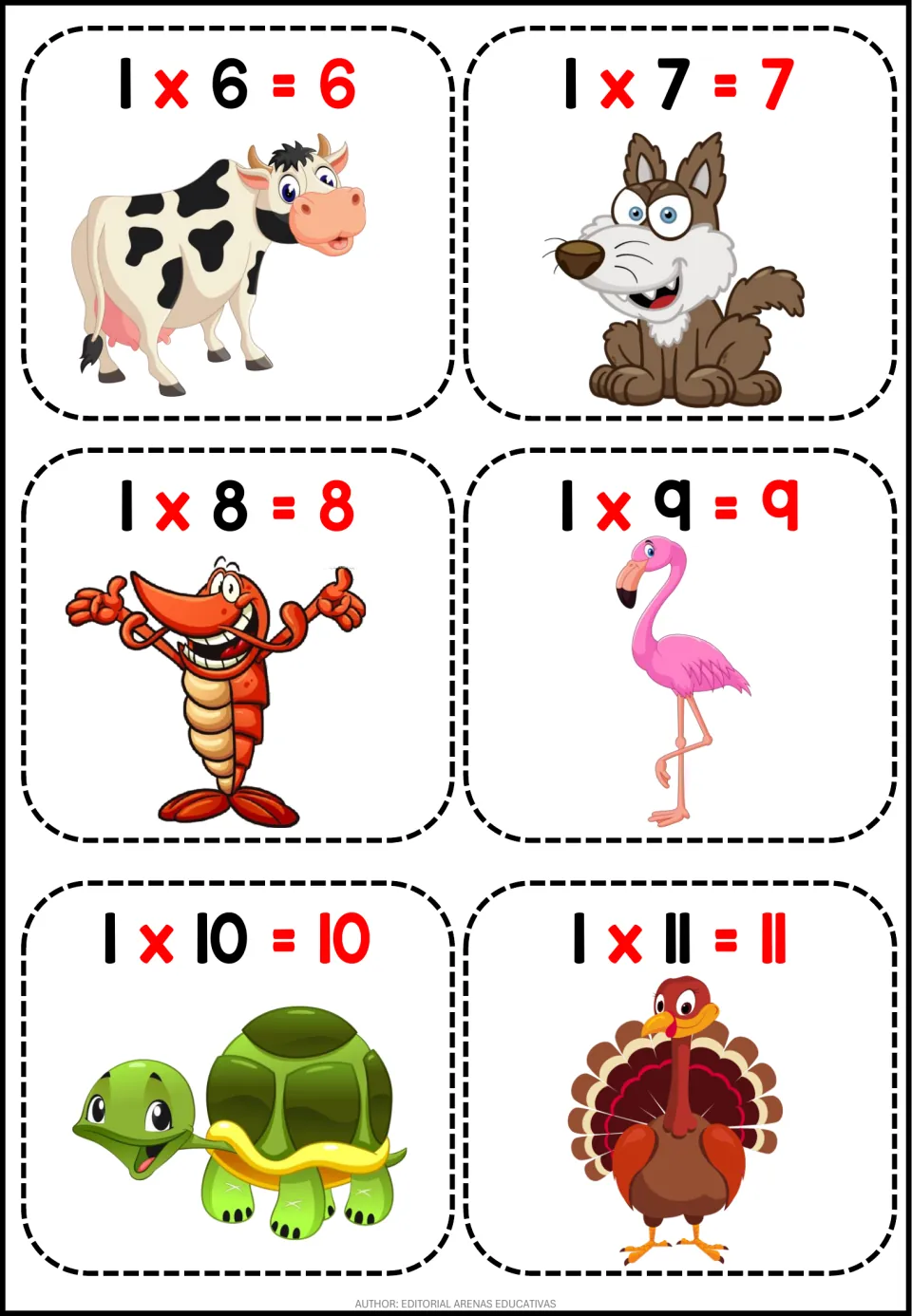 Table of 1 flashcards from 1 x 6 = 6 to 1 x 11 = 11, each paired with an animal such as a cow, flamingo or turtle