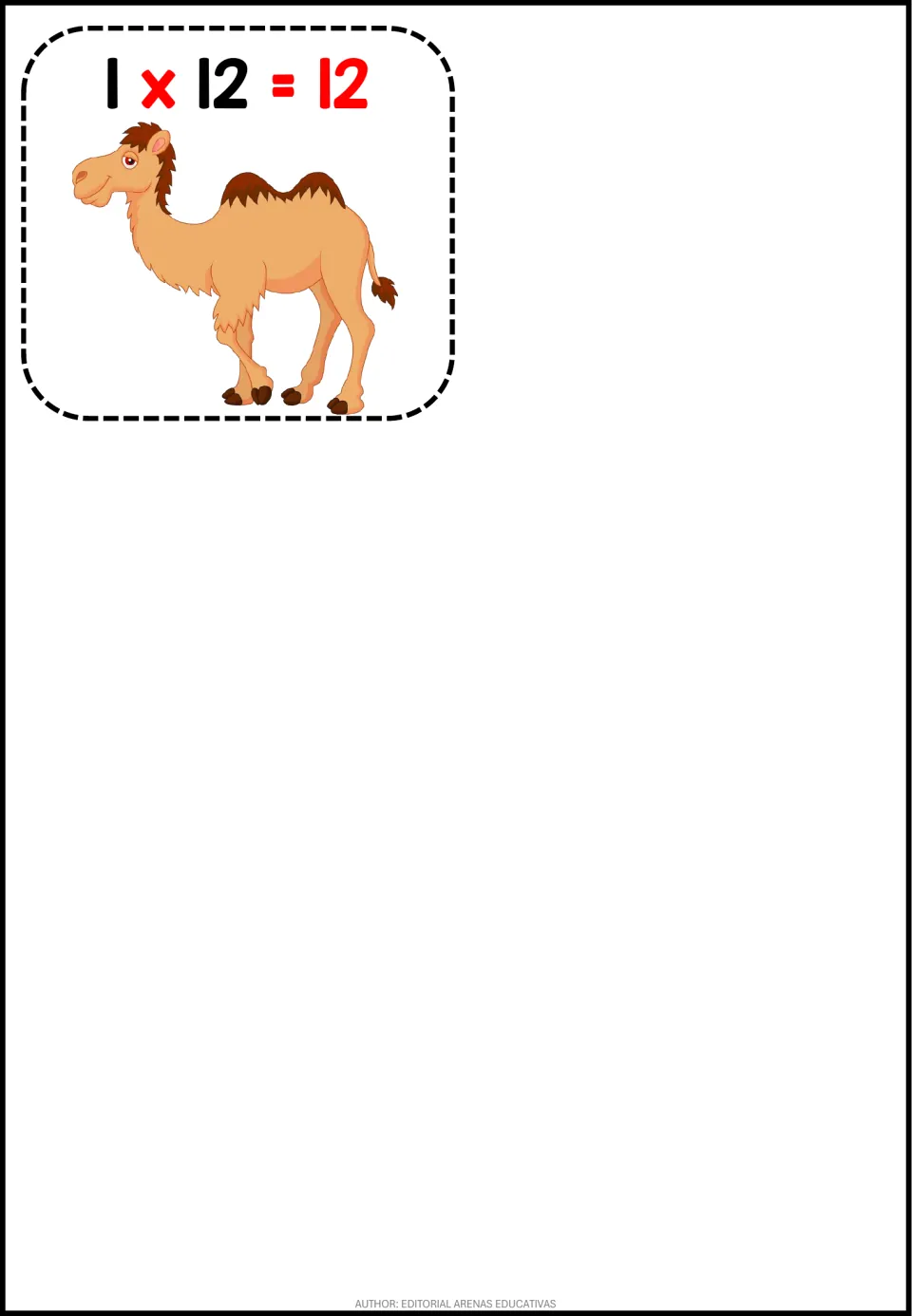 Final table of 1 flashcard showing 1 x 12 = 12 with a cartoon camel, the only card printed on this page