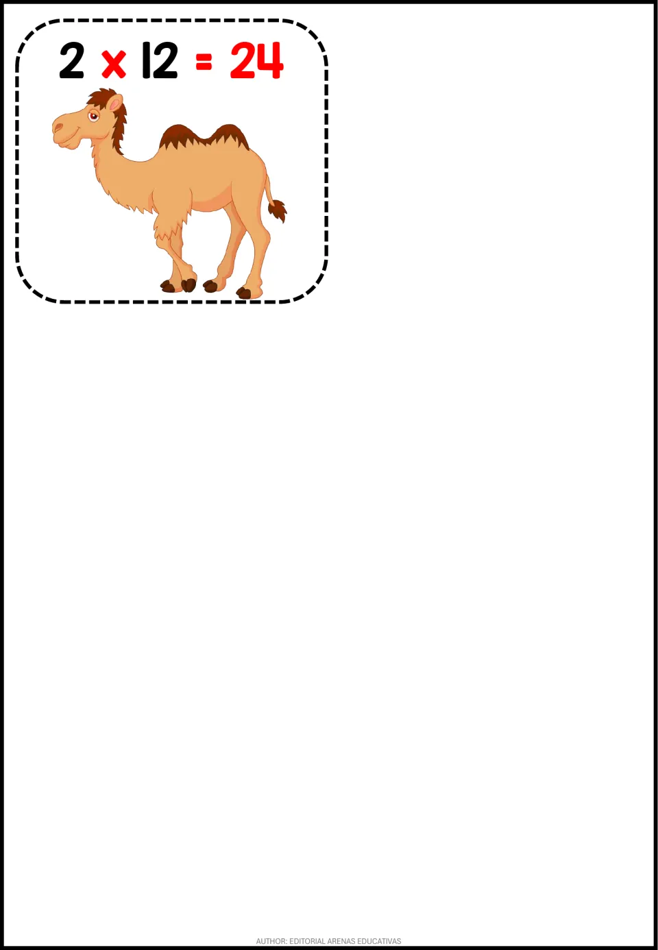 Last times-2 flashcard, 2 x 12 = 24 with a cartoon camel, for students to cut out and use in doubling fact recall