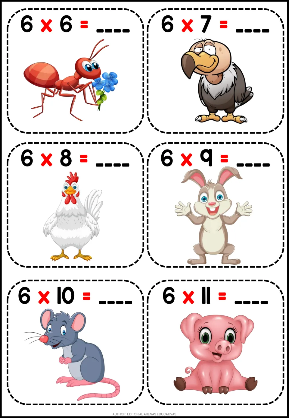 Multiplying by 6, facts 6 x 6 to 6 x 11: students fill in the product on six cards pictured with an ant, vulture and pig