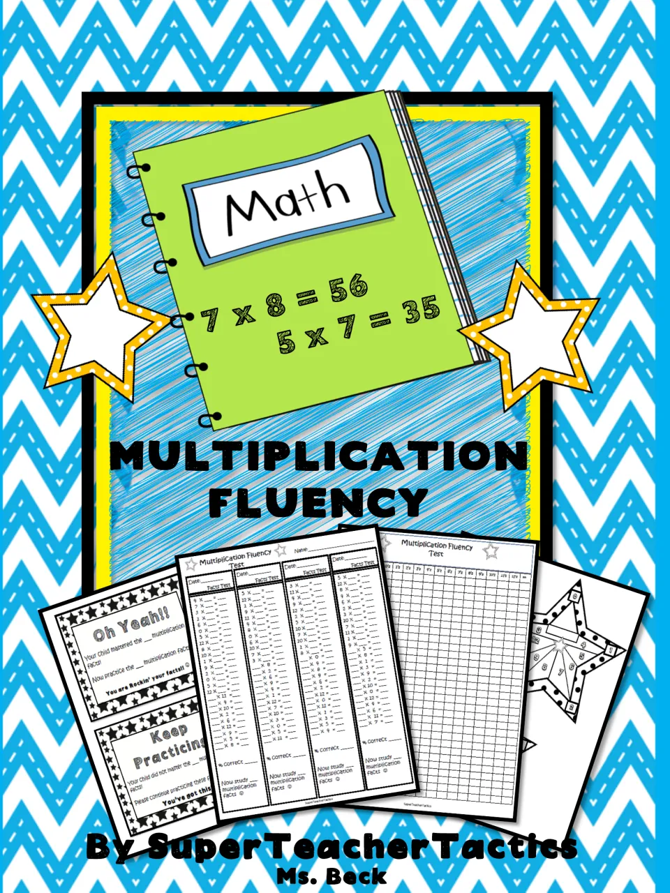 Multiplication Fluency cover showing practice and test sheets, a fact tracking chart, parent notes and a star tracker