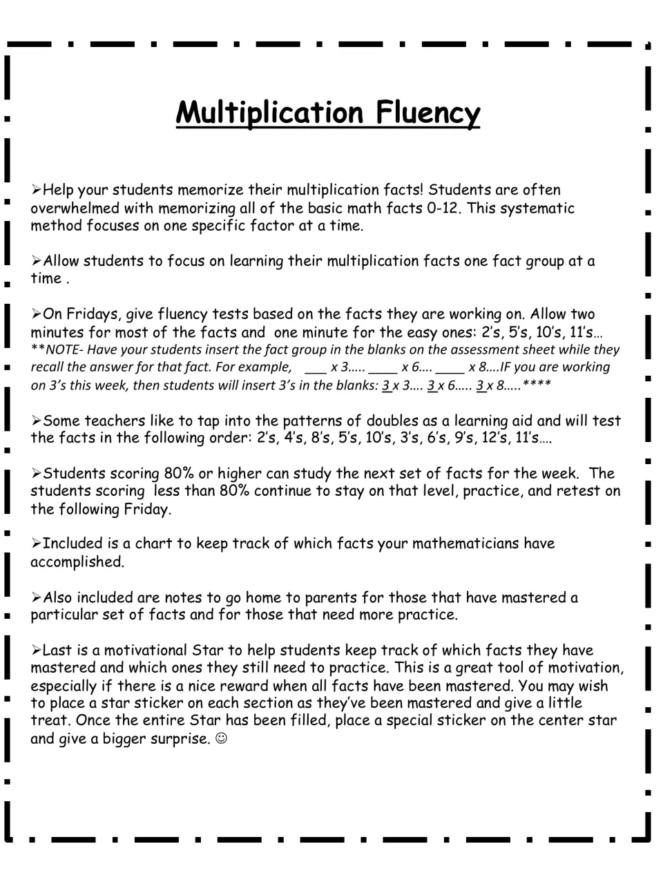 Teacher directions: work on one fact group at a time, give Friday timed tests and record results on a chart