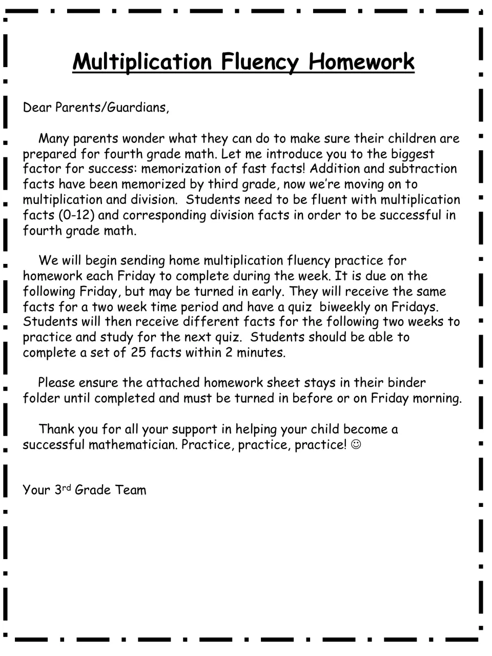 Parent letter explaining weekly multiplication fact homework due Fridays, biweekly quizzes and 25 facts in 2 minutes