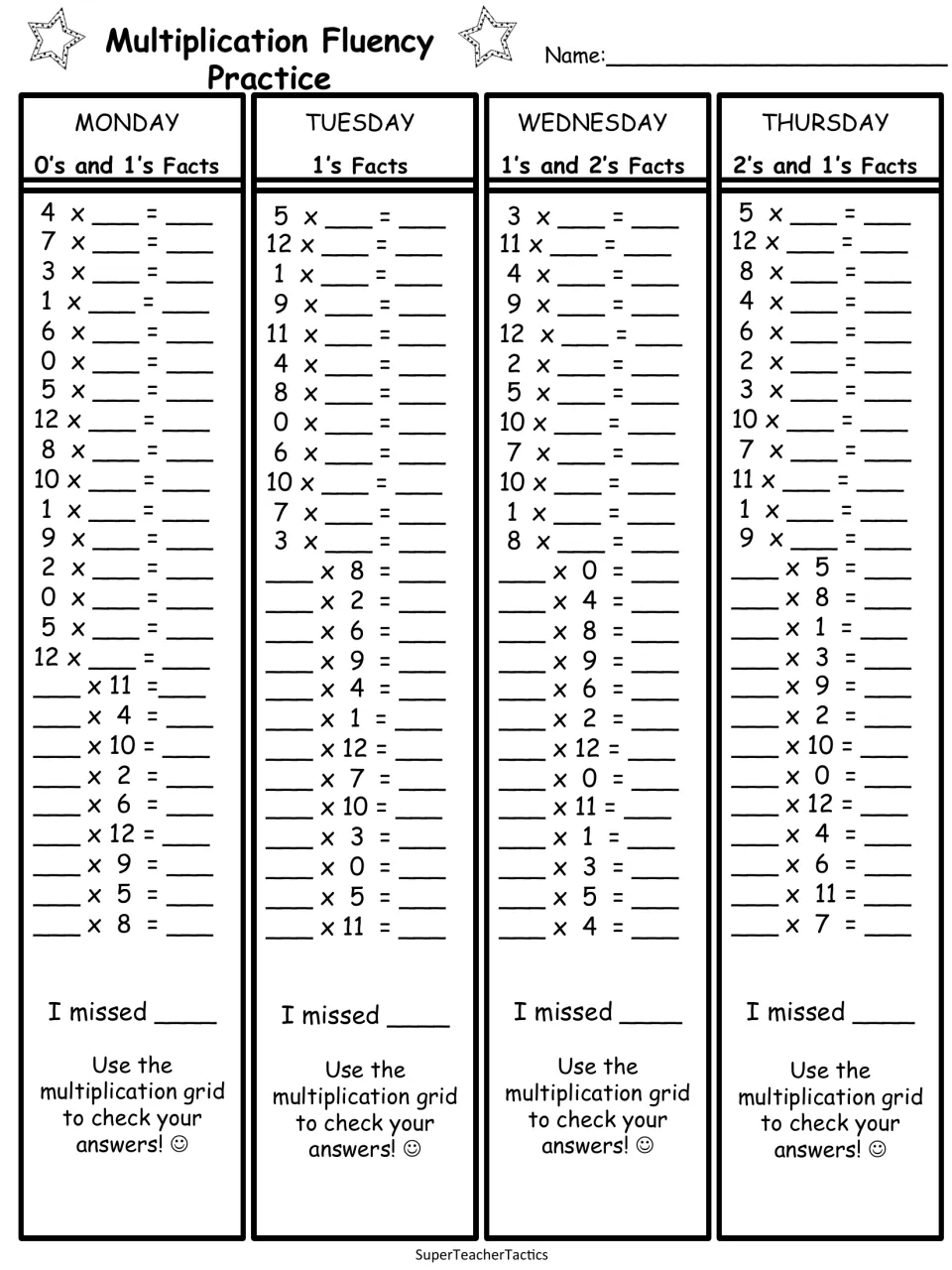 Daily fact practice, Monday to Thursday: students complete 25 facts a day on 0s, 1s and 2s and note how many they missed