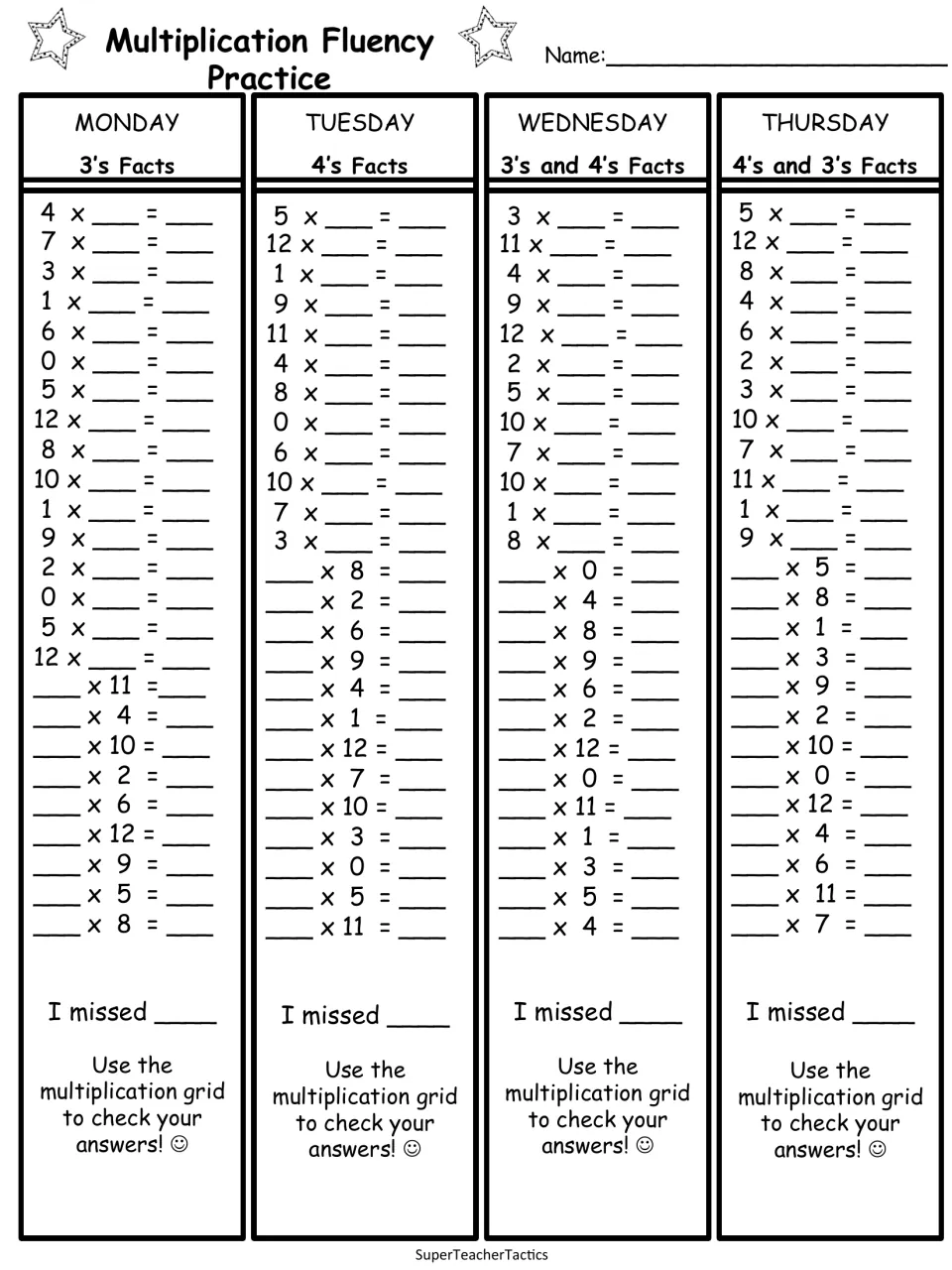 Daily fact practice for 3s and 4s, Monday to Thursday: students fill in missing factors and products and count misses