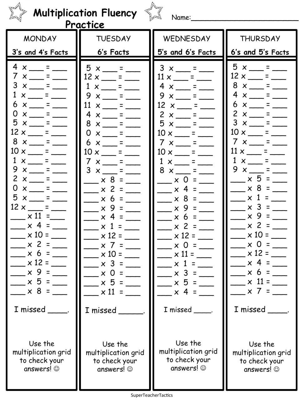 Daily fact practice reviewing 3s and 4s, then 5s and 6s: students solve 25 facts each day and note how many they missed