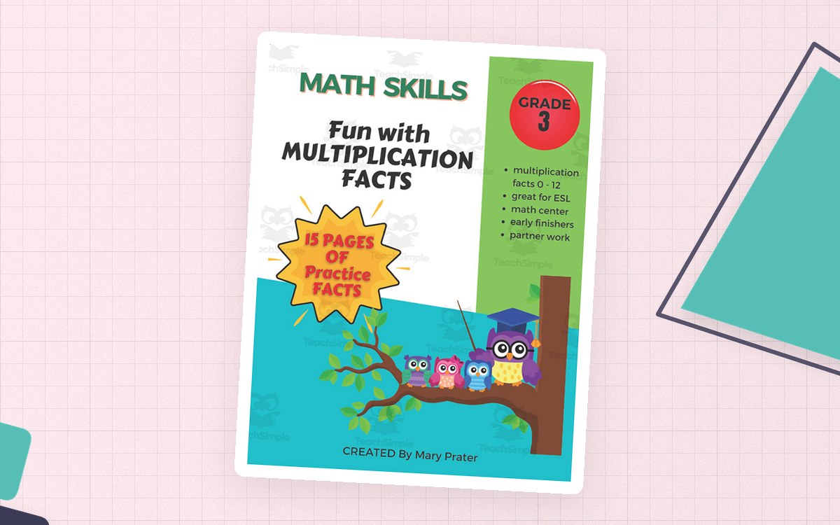 Grade 3 multiplication facts cover with colorful owls in a tree and a 15 Pages of Practice Facts badge.