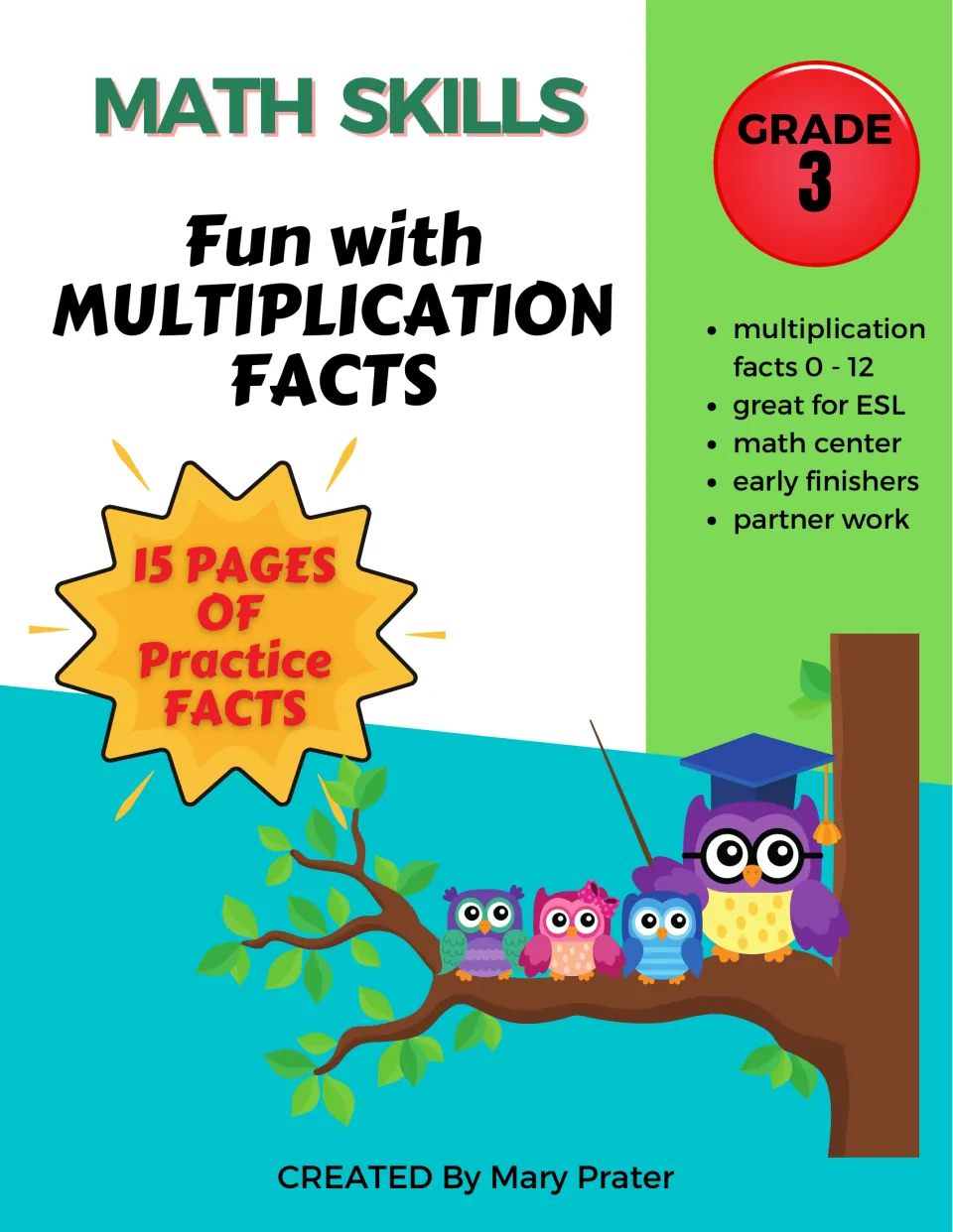 Fun with Multiplication Facts cover: practice booklet for facts 0-12, listing math center, early finisher and partner work uses