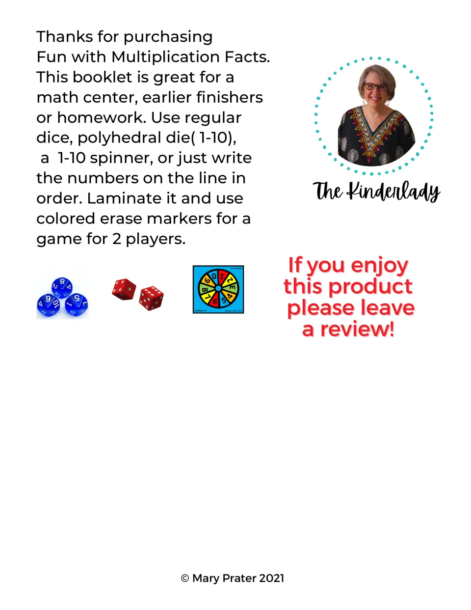 Teacher note on using dice, a 1-10 polyhedral die or a spinner to fill in facts, plus laminating for a 2-player game