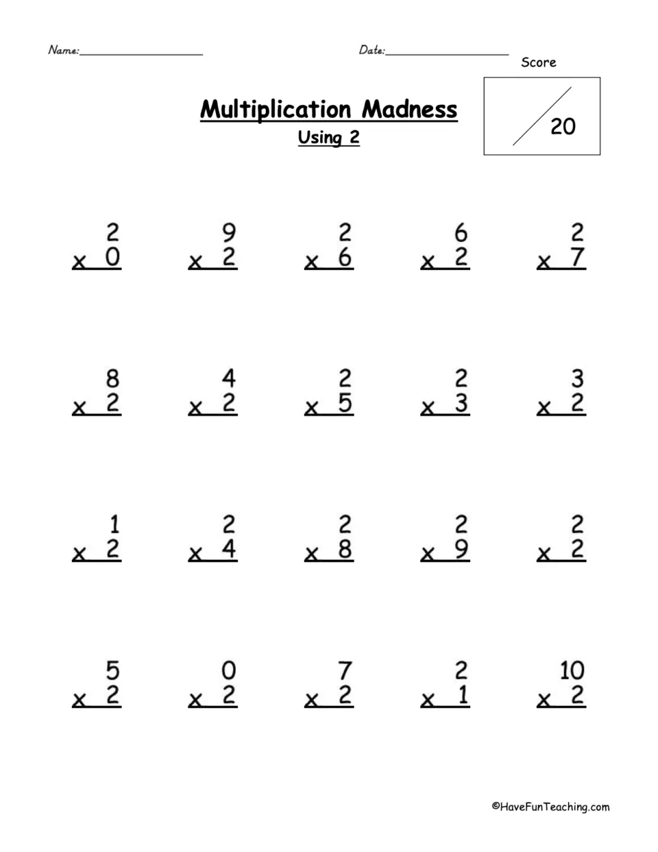 Multiplying by 2: students solve 20 vertical doubles facts from 2 x 0 up to 10 x 2 and record a score out of 20