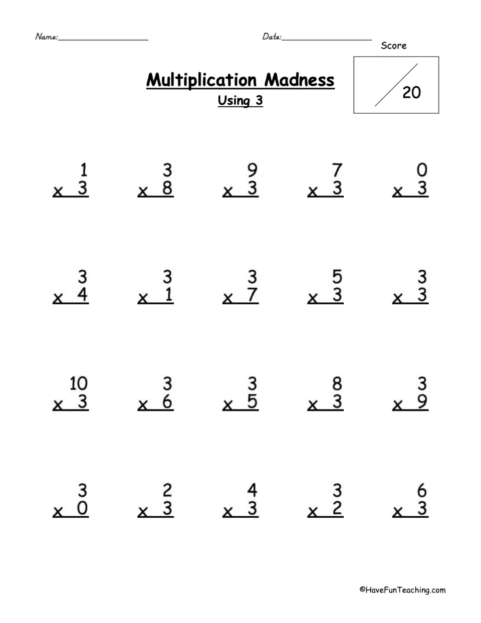 Multiplying by 3: students solve 20 vertical facts such as 1 x 3, 3 x 7 and 10 x 3, then record a score out of 20