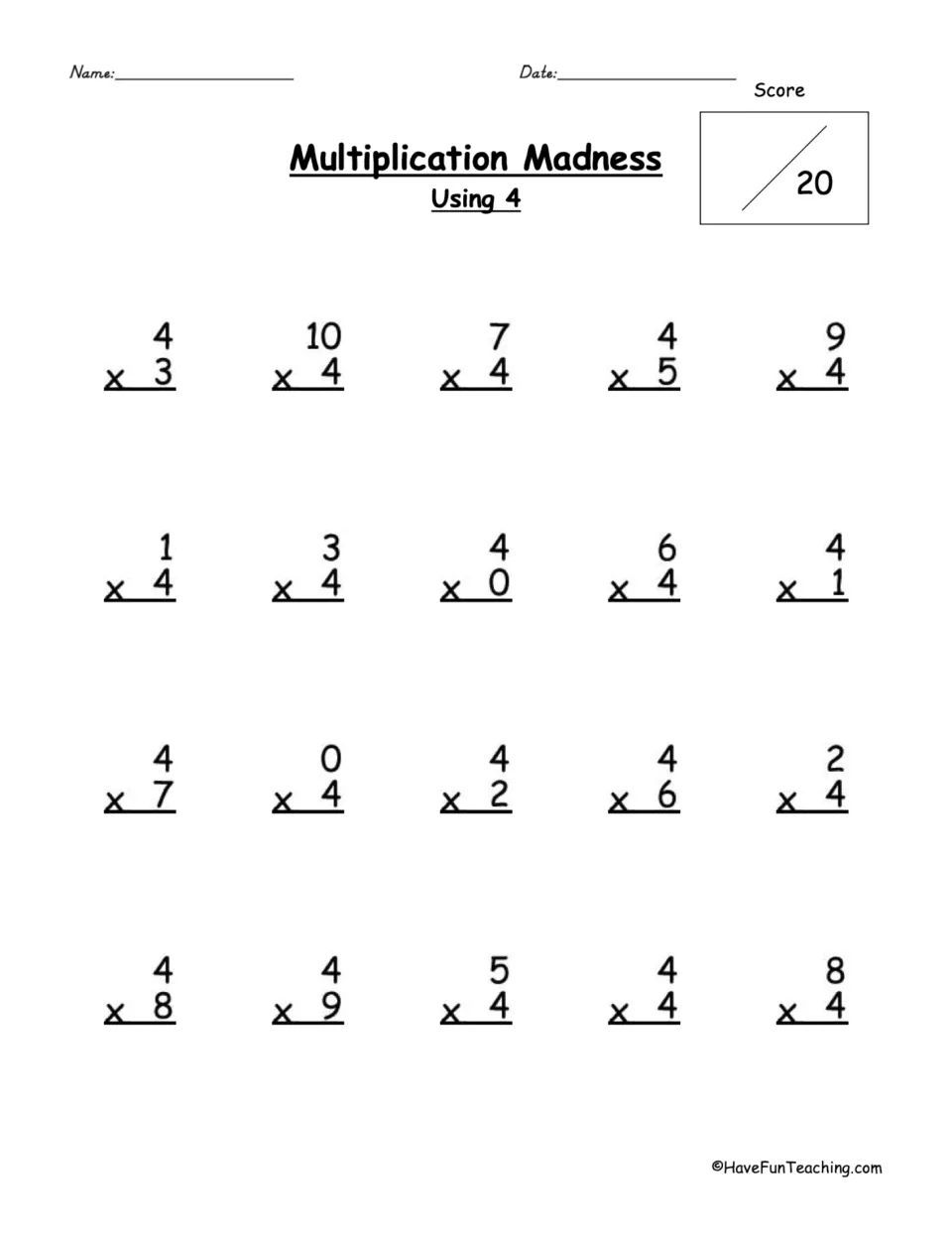 Multiplying by 4: students solve 20 vertical facts such as 4 x 3, 10 x 4 and 8 x 4, then record a score out of 20