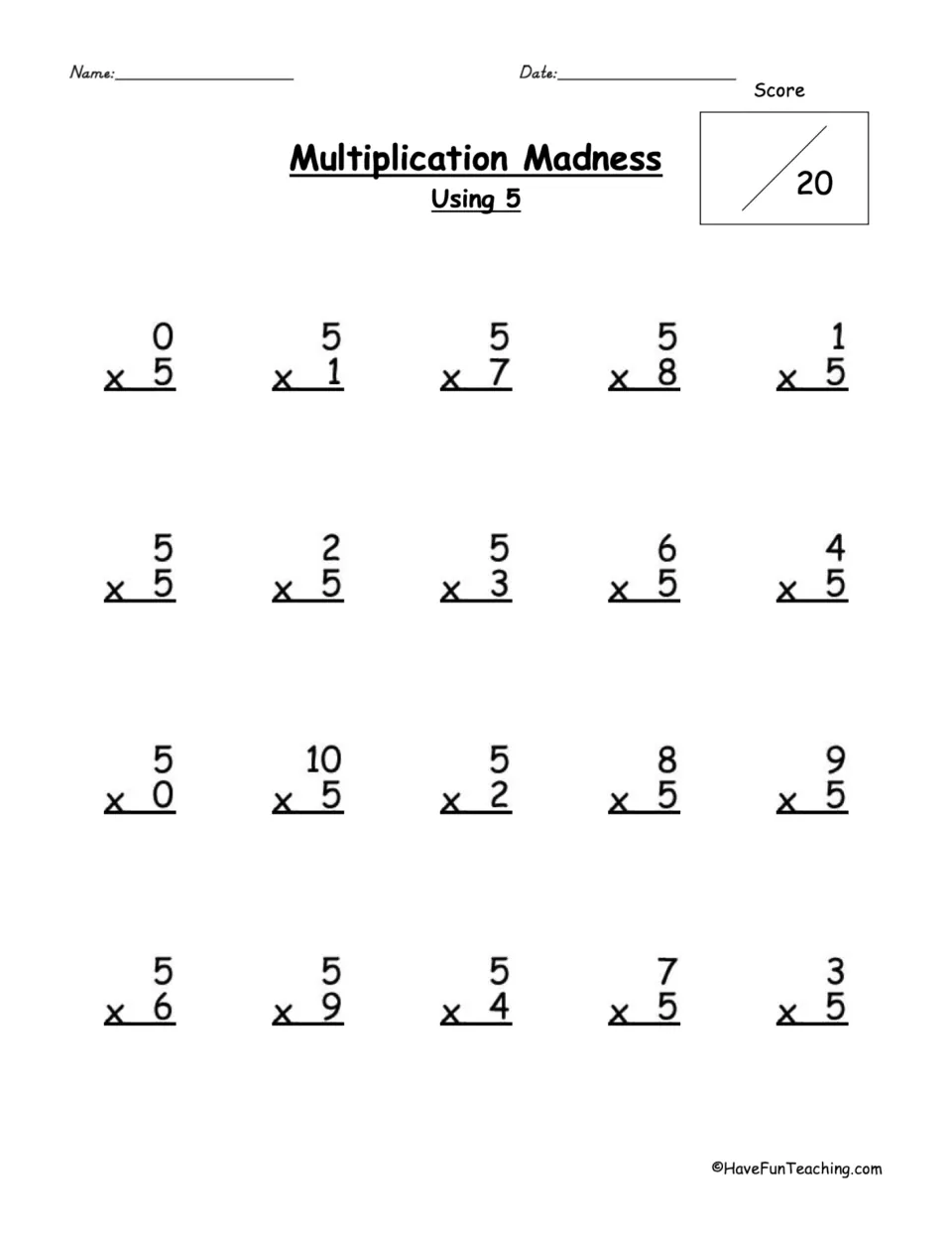 Multiplying by 5: students solve 20 vertical facts such as 0 x 5, 5 x 8 and 10 x 5, then record a score out of 20