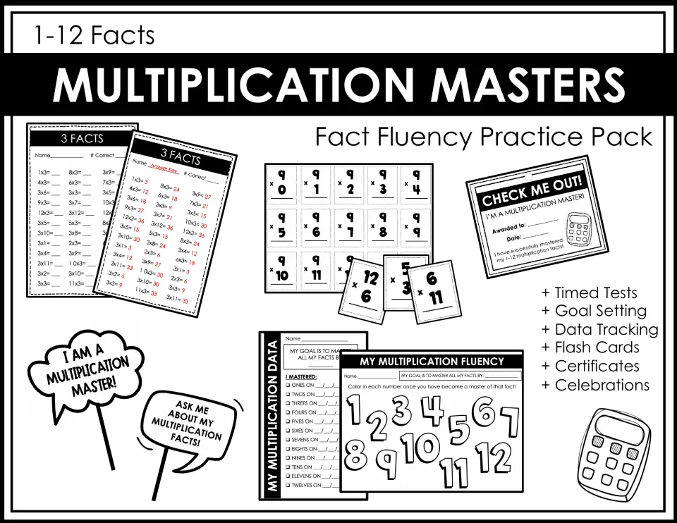 Cover for Multiplication Masters, 1-12 facts: timed tests, goal setting, data tracking, flash cards, certificates and props