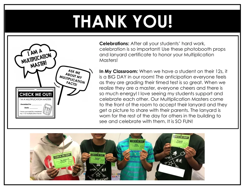 Teacher notes on class celebrations with speech-bubble photobooth props and a Check Me Out lanyard certificate, plus a photo